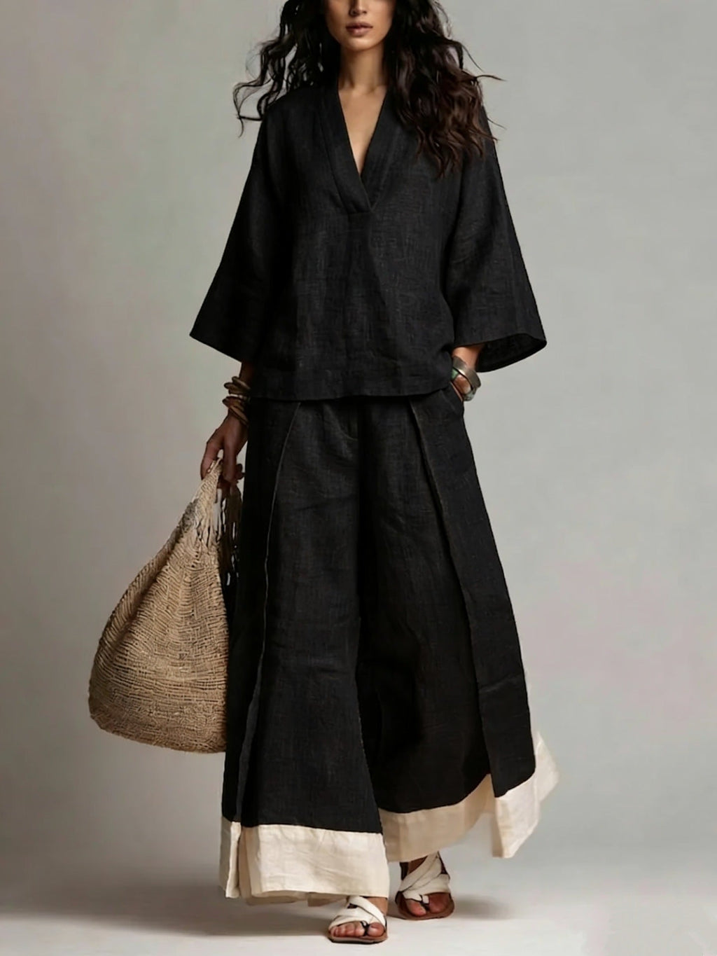 Cotton-Linen V-Neck Two-Piece Set: Wide-Leg Pants & 3/4 Sleeve Top