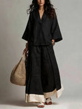 Cotton-Linen V-Neck Two-Piece Set: Wide-Leg Pants & 3/4 Sleeve Top