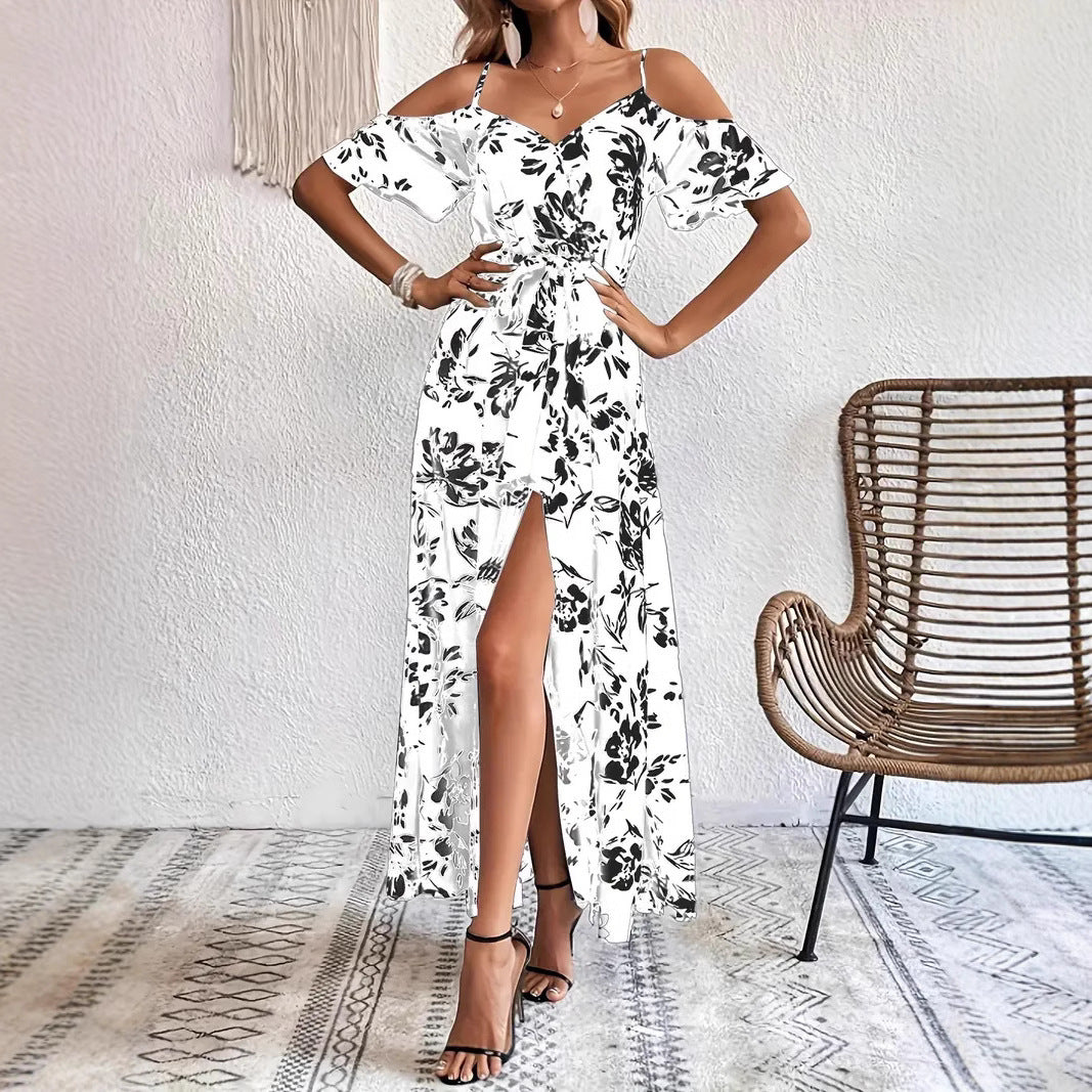 Floral Off-Shoulder A-Line Split Maxi Dress with Waist Belt