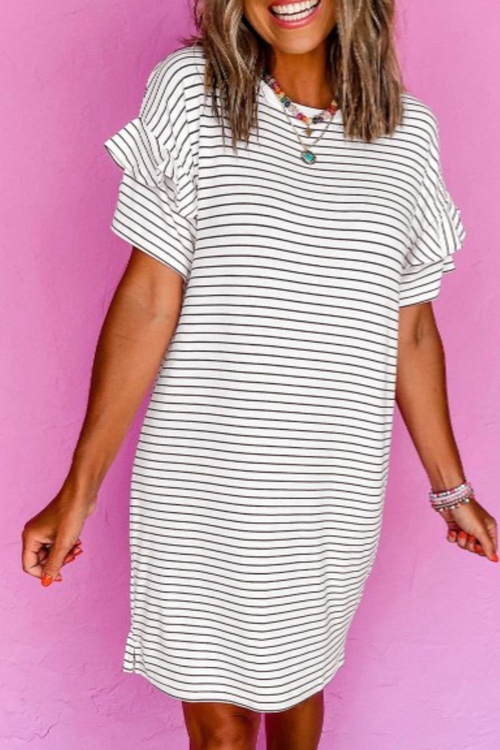 Women's Striped Cotton Mini Dress: Casual Round Neck Short Sleeve