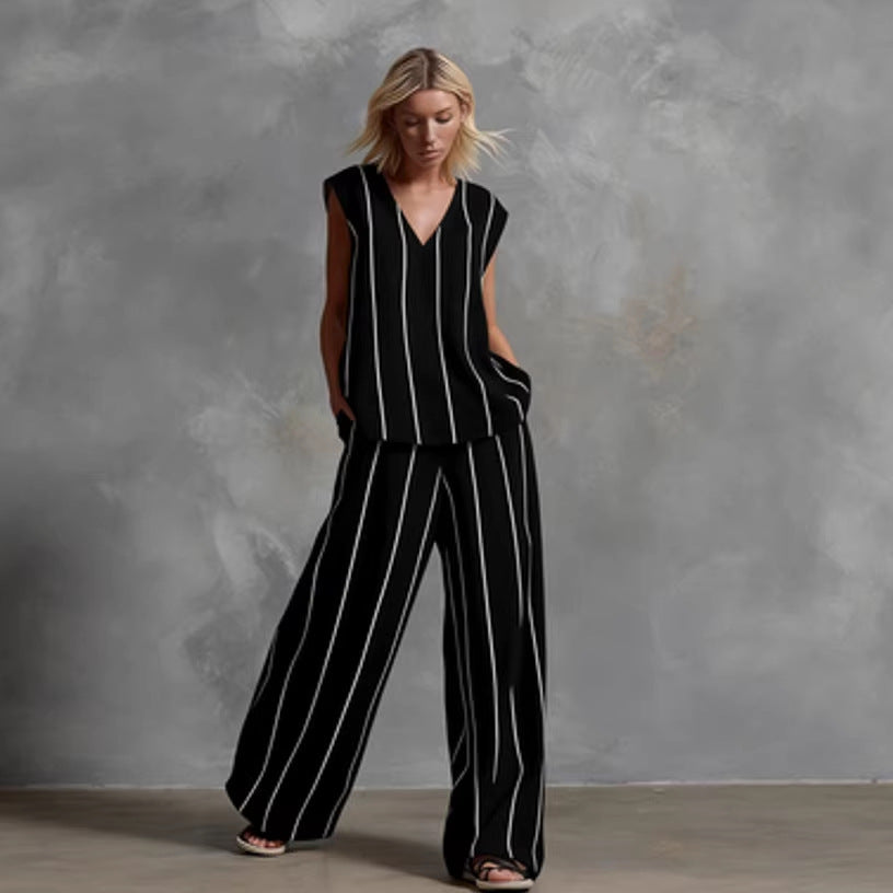 Women's V-Neck Sleeveless Striped Top and Wide Leg Pants Set - Image 2