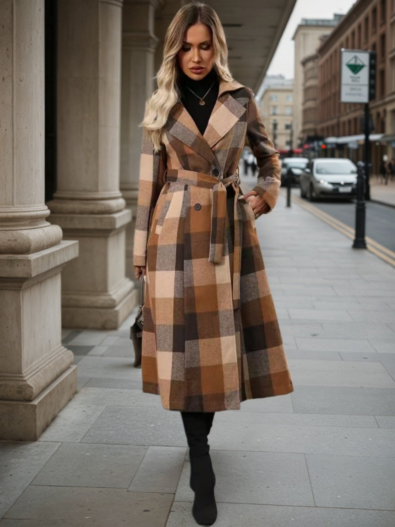 Women’s Lapel Woolen Double-Breasted Long Coat with Lace-Up Detail