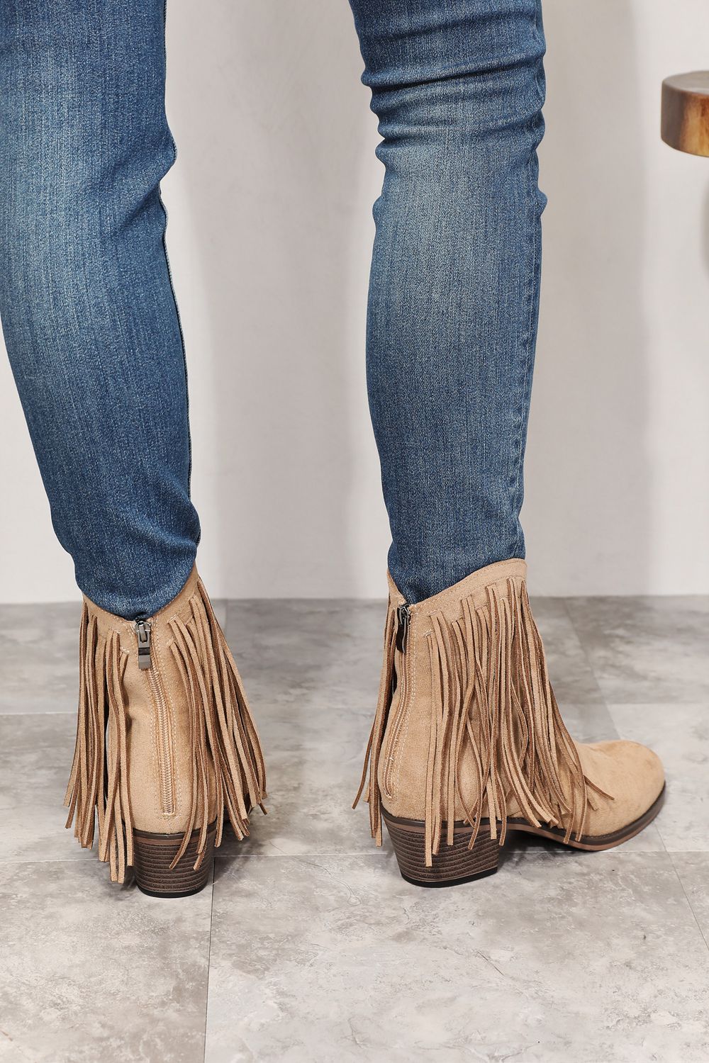 Women's Fringe Western Ankle Boots Faux Suede Pointed Toe Tan