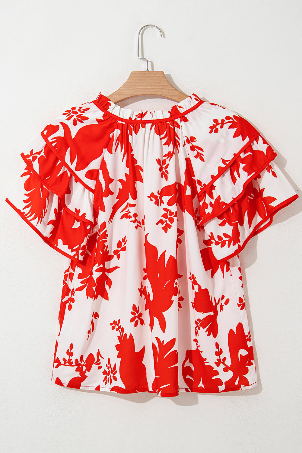 Zoya Tiered Ruffled Sleeve V Neck Blouse in Red Floral Print