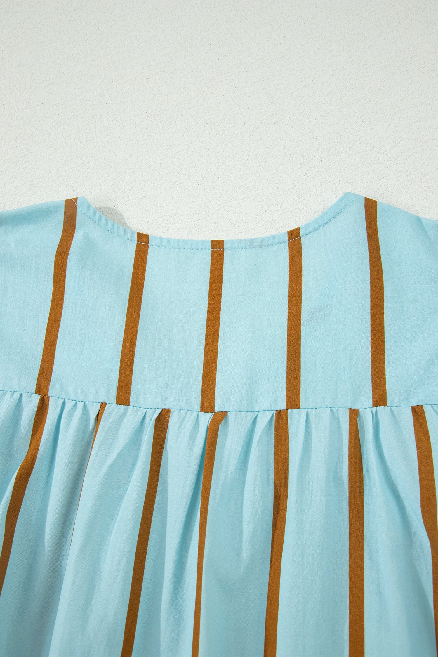Malaysia Ruffled Short Sleeve Blouse in Light-Blue and Brown