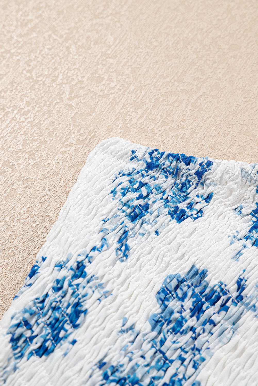 Sky Blue Floral Shirred Knot Shoulder Sleeveless Dress