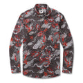 Long sleeve button-down Hawaiian shirt for men featuring an artistic dragon, cloud, and flame pattern.