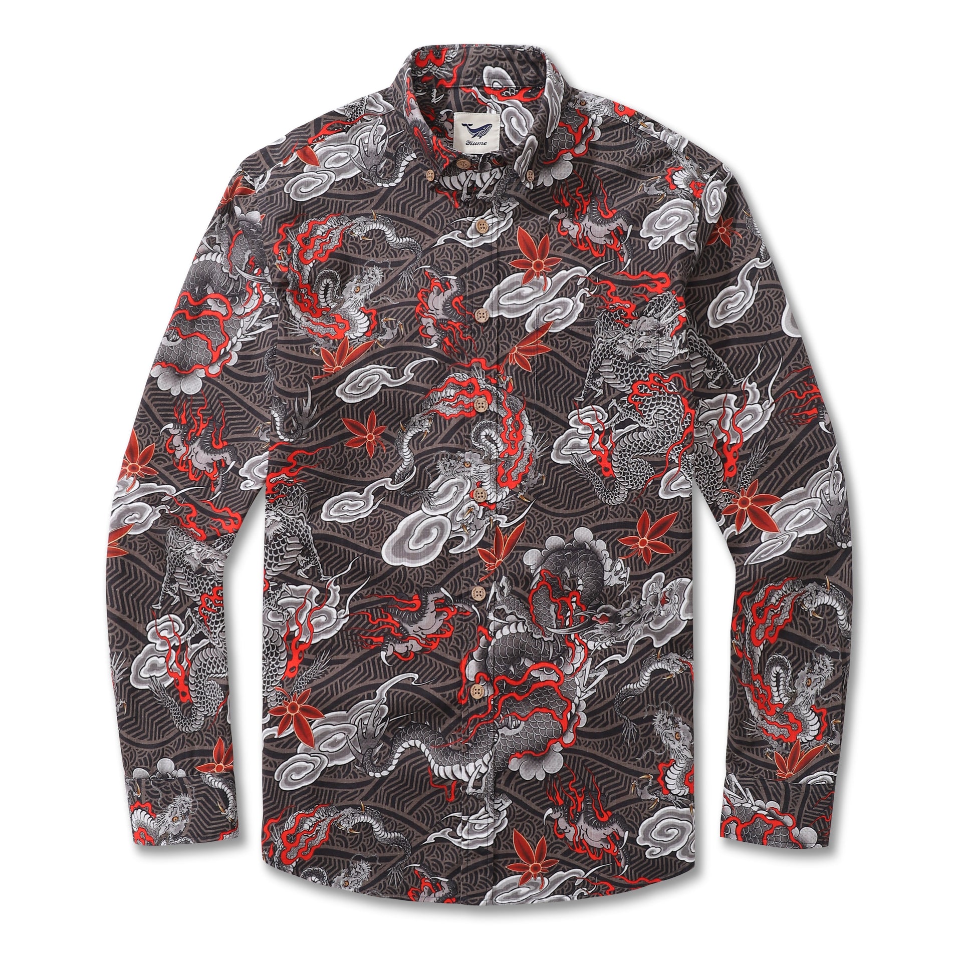 Long sleeve button-down Hawaiian shirt for men featuring an artistic dragon, cloud, and flame pattern.