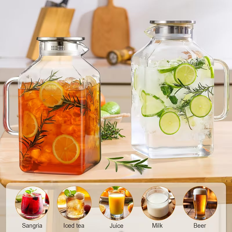 2-Pack 1-Gallon Square Glass Pitcher Set with Lid and Spout