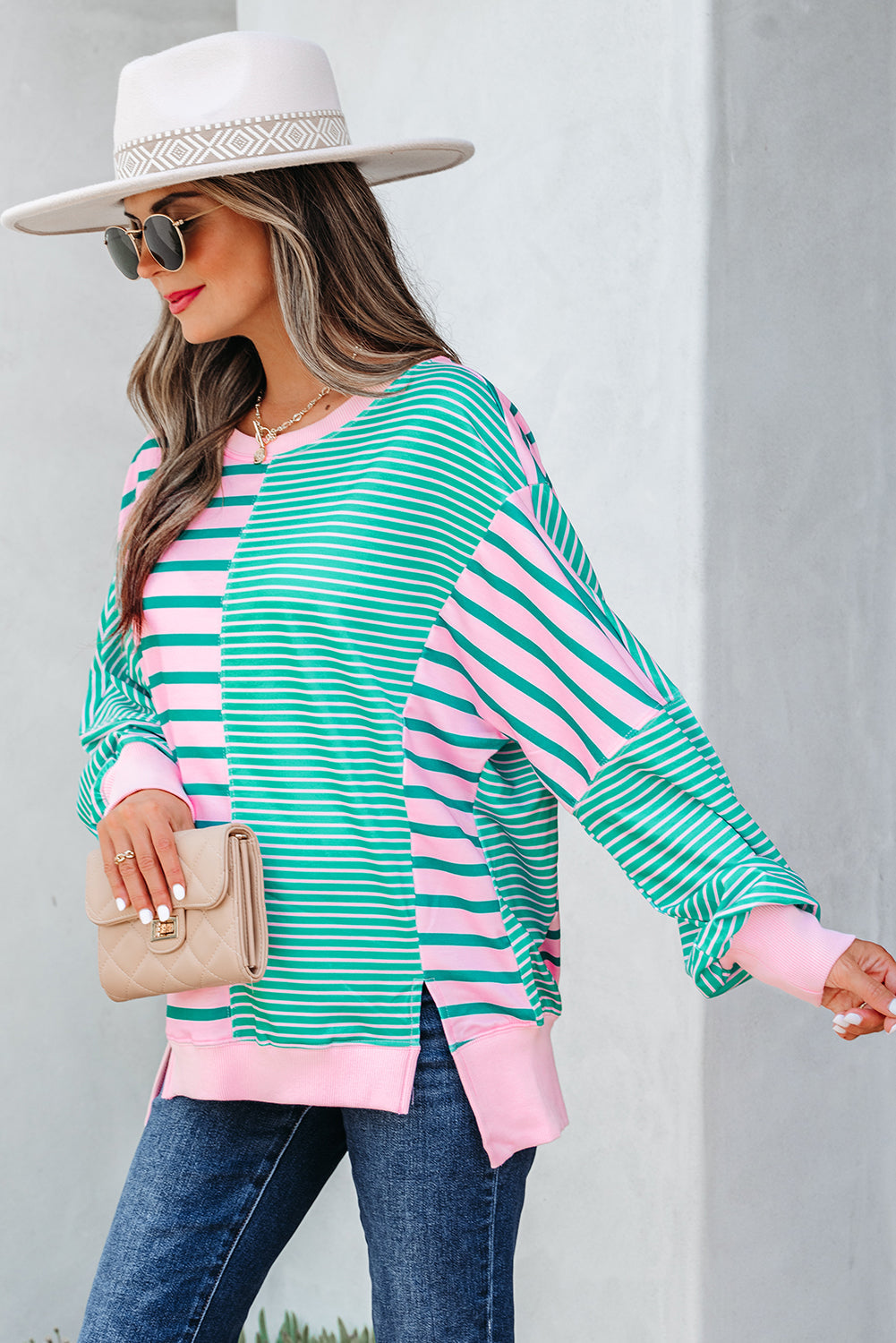 Stripe Colorblock Patchwork Side Slit Sweatshirt