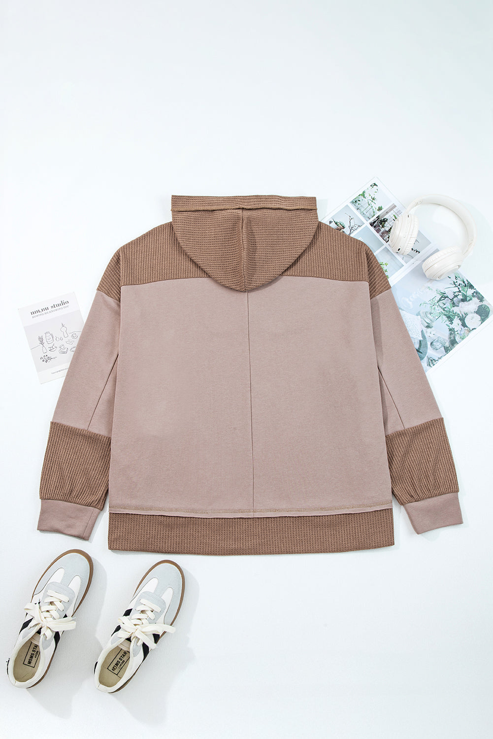 Plus Size Colorblock Waffle Knit Patchwork Pocketed Hoodie