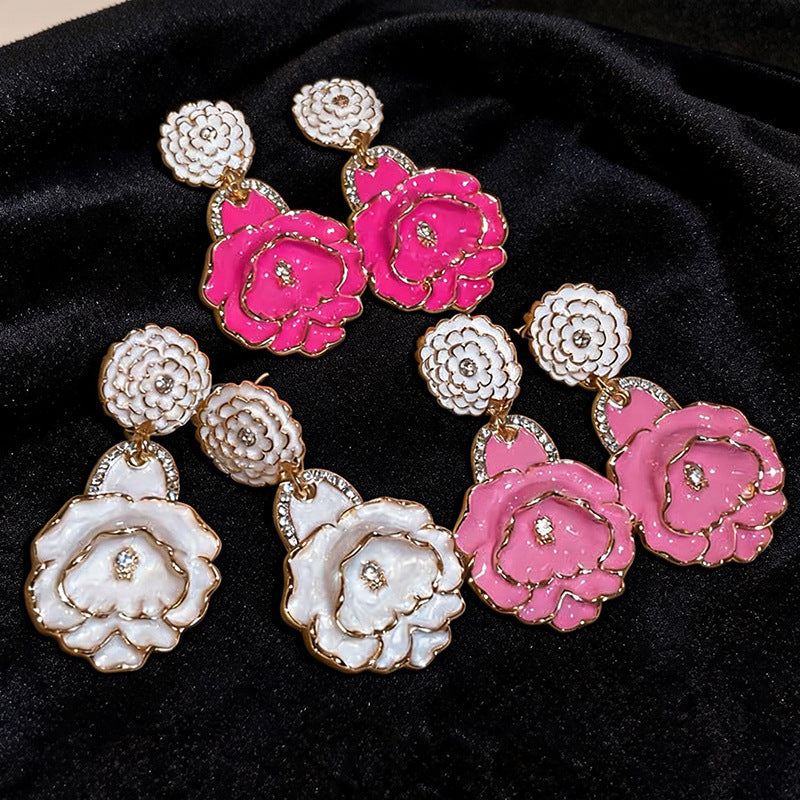 Women Exaggerated Heavy Craft Rose Flower Dangle Earrings,Niche Design Light Luxury Elegant Versatile Fashion Statement Jewelry For Daily Party Occasion