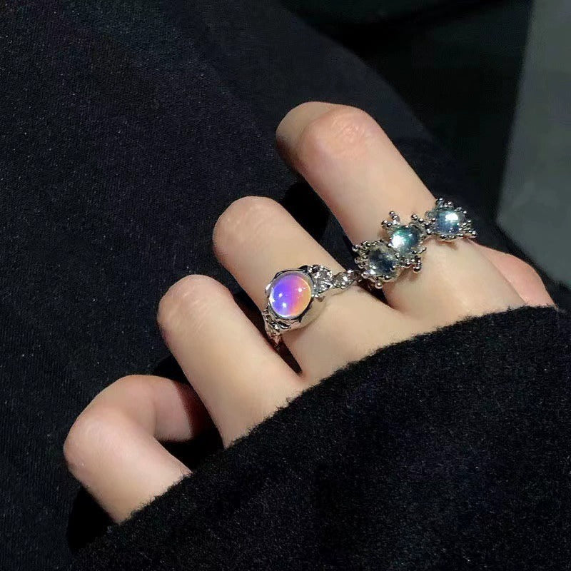 High-End Opal & Moonstone Ring For Women, Luxury Niche Design, Lava Zircon Adjustable Index Finger Ring