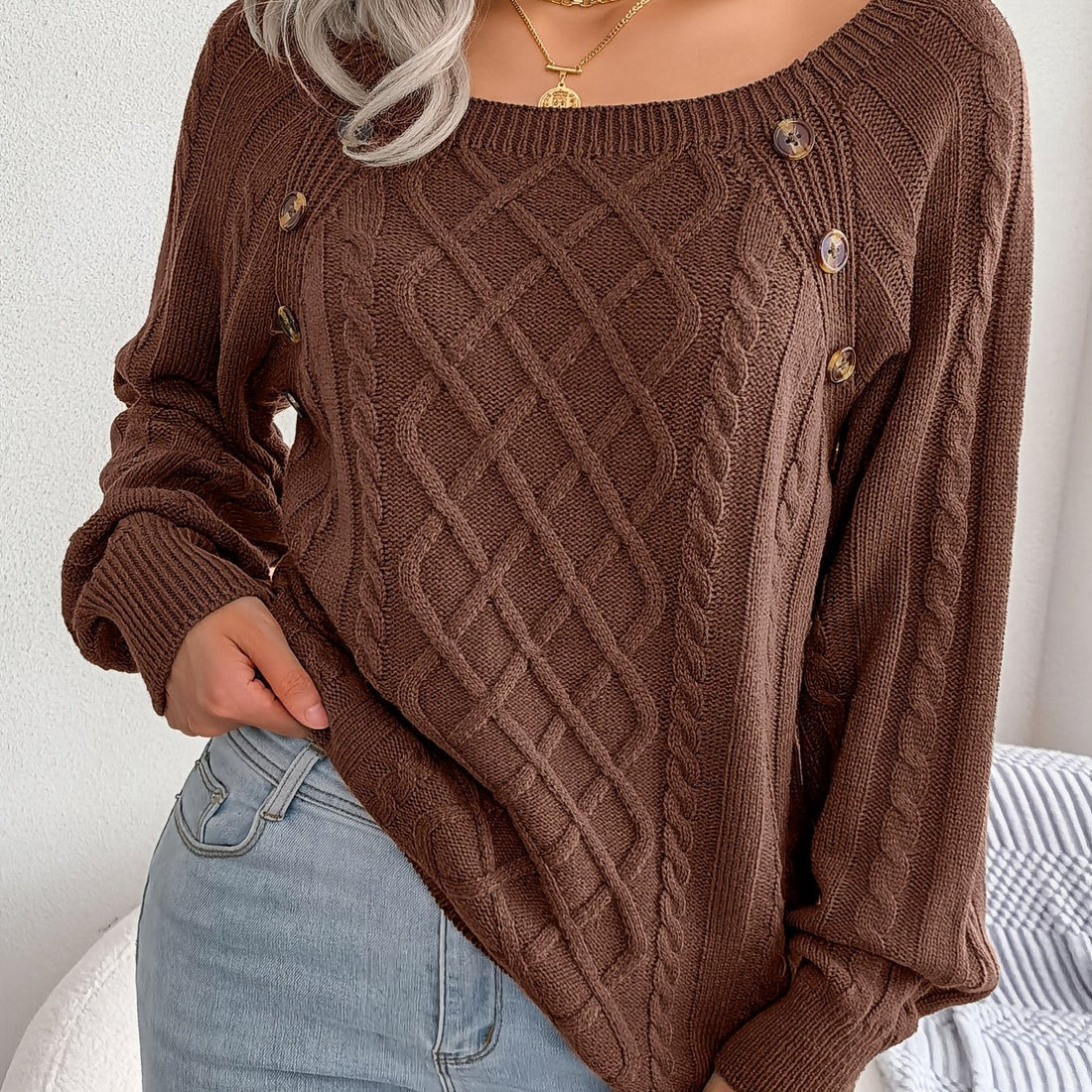Women's Textured Cable Knit Sweater with Decorative Buttons - Image 19