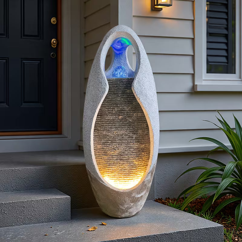 27.6 in Floor-Standing Cobblestone Fountain with Lights