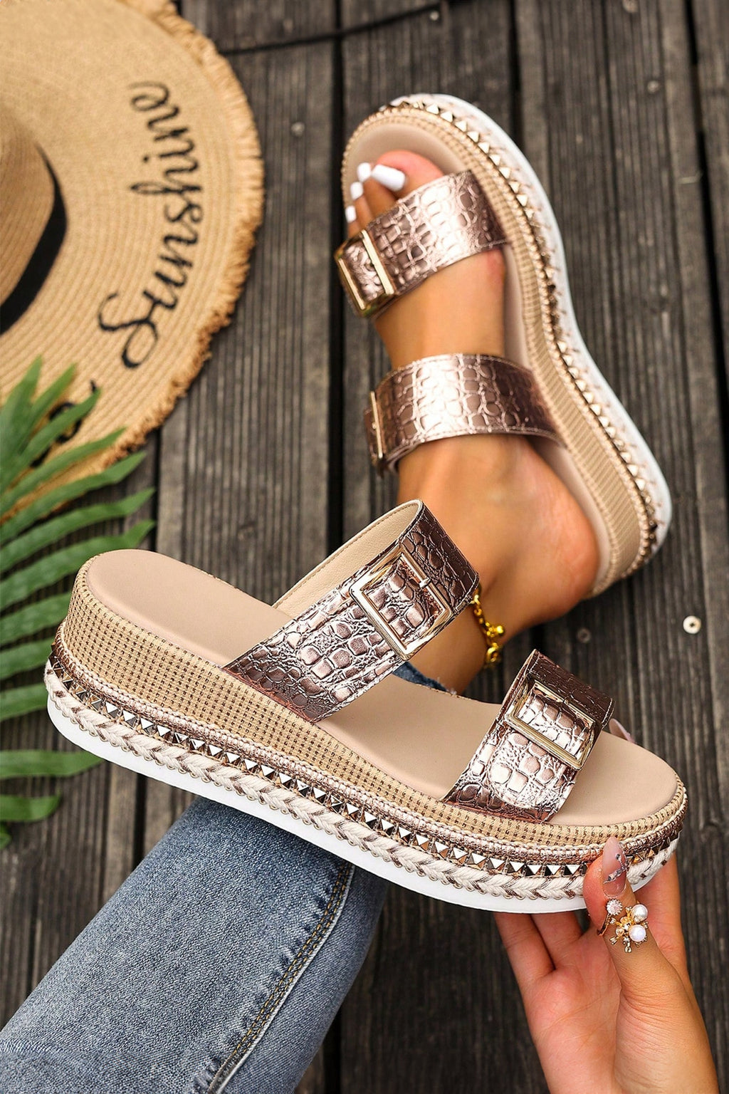 Cattleya Buckle Wedge Platform Slippers - Bohemian Animal Print