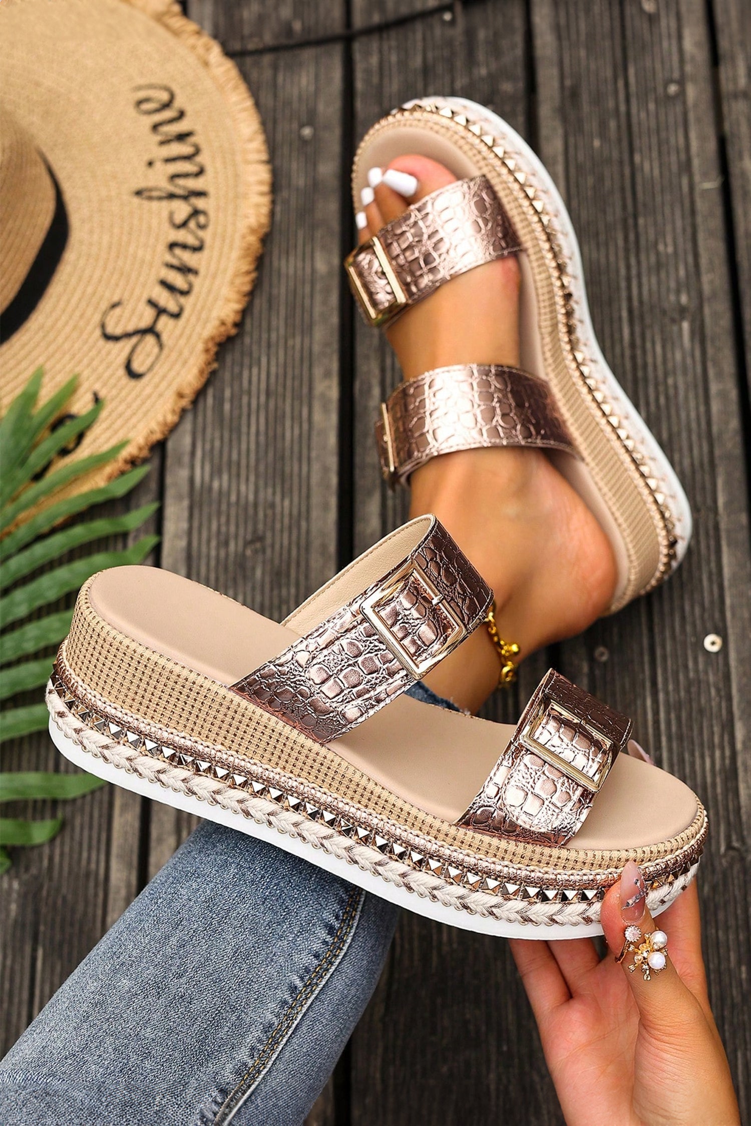 Cattleya Buckle Wedge Platform Slippers - Bohemian Animal Print