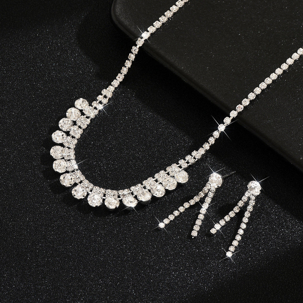 Womens Glamorous Bridal 2 Pcs Rhinestone Set,Silver Tone Graduated Round Stone Choker And Double Row Tassel Earrings For Wedding Party Wear