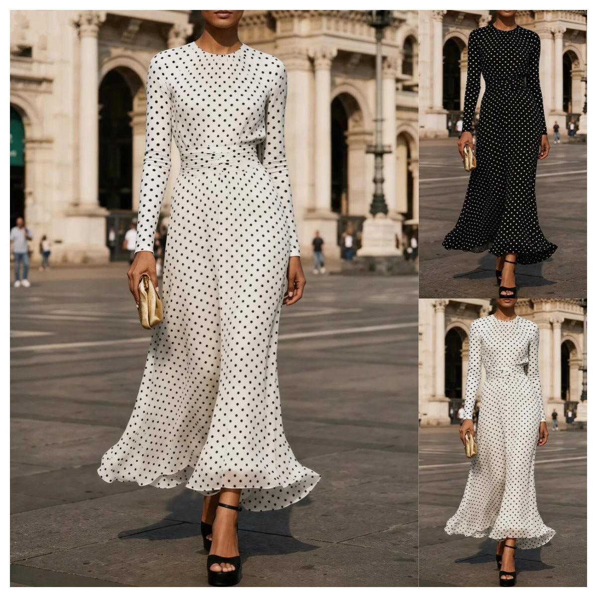 Polka Dot Sheath Dress Round Neck Long Sleeve Office Dress