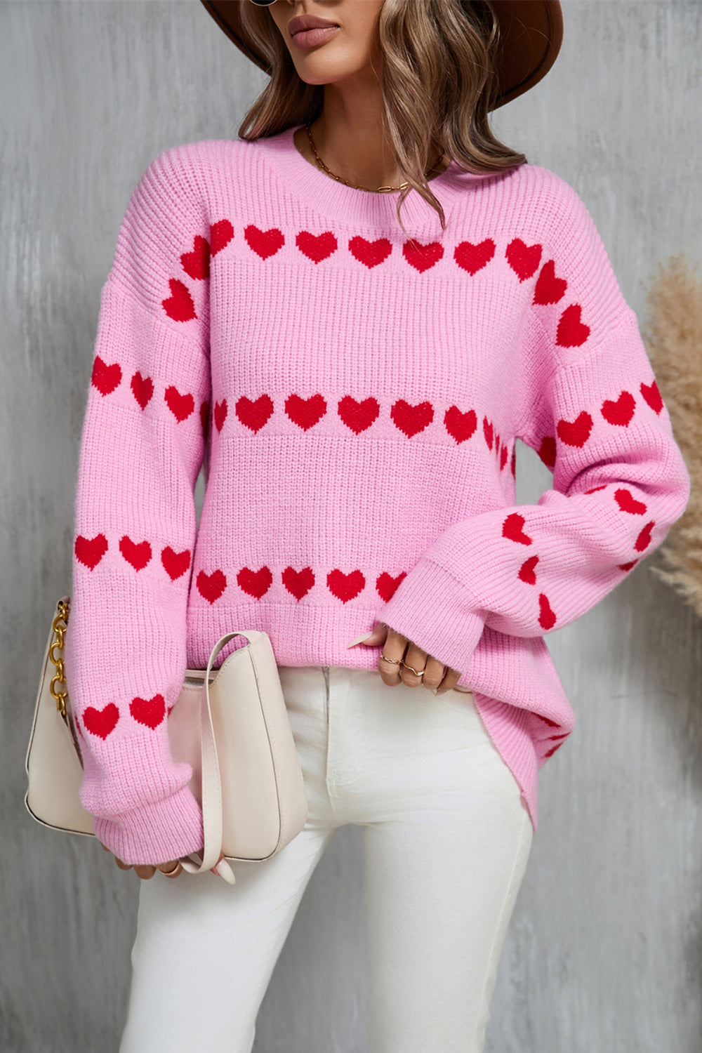 White Red Heart Print Long Sleeve Crew Neck Sweater - Image 12