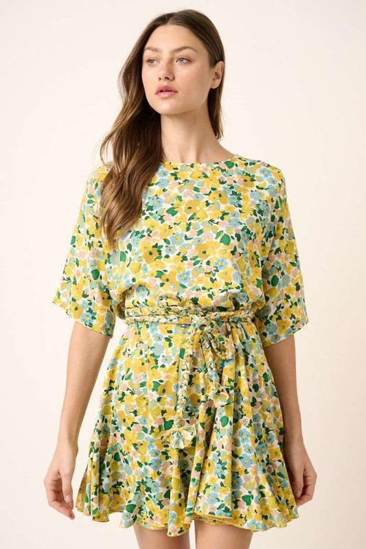 Floral Tie Waist Mini Dress - Half Sleeve Bohemian Summer Dress