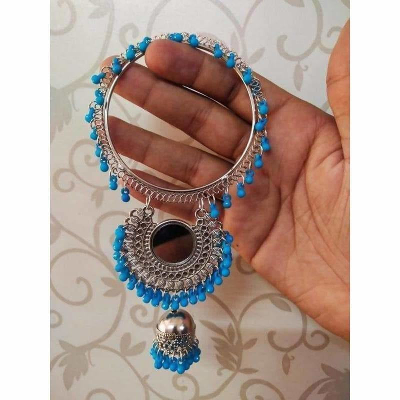 Blue pearl latkan jhumka bangle designed for ethnic outfits.