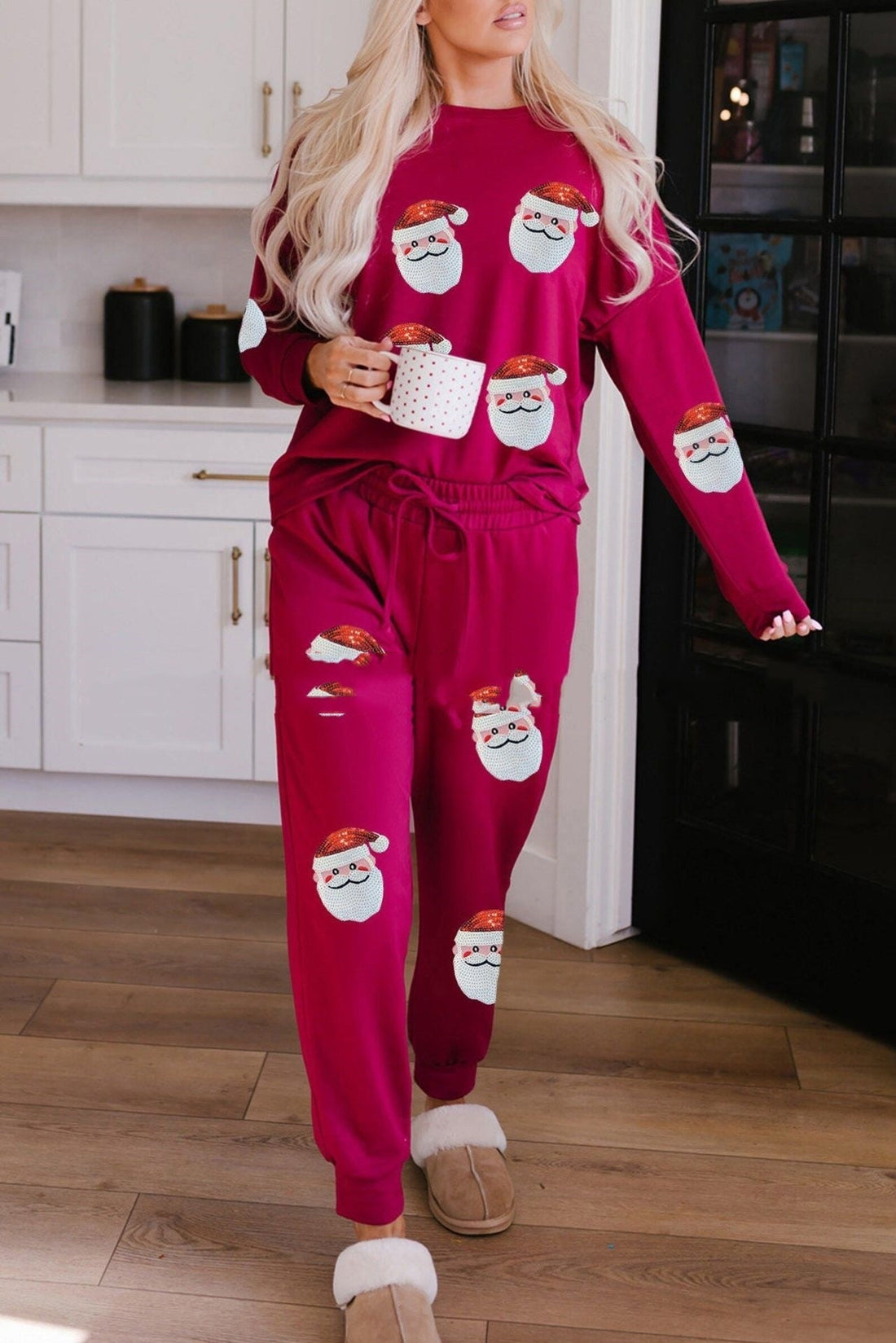 Women’s Christmas Sequin Two-Piece Long Sleeve Lounge Set