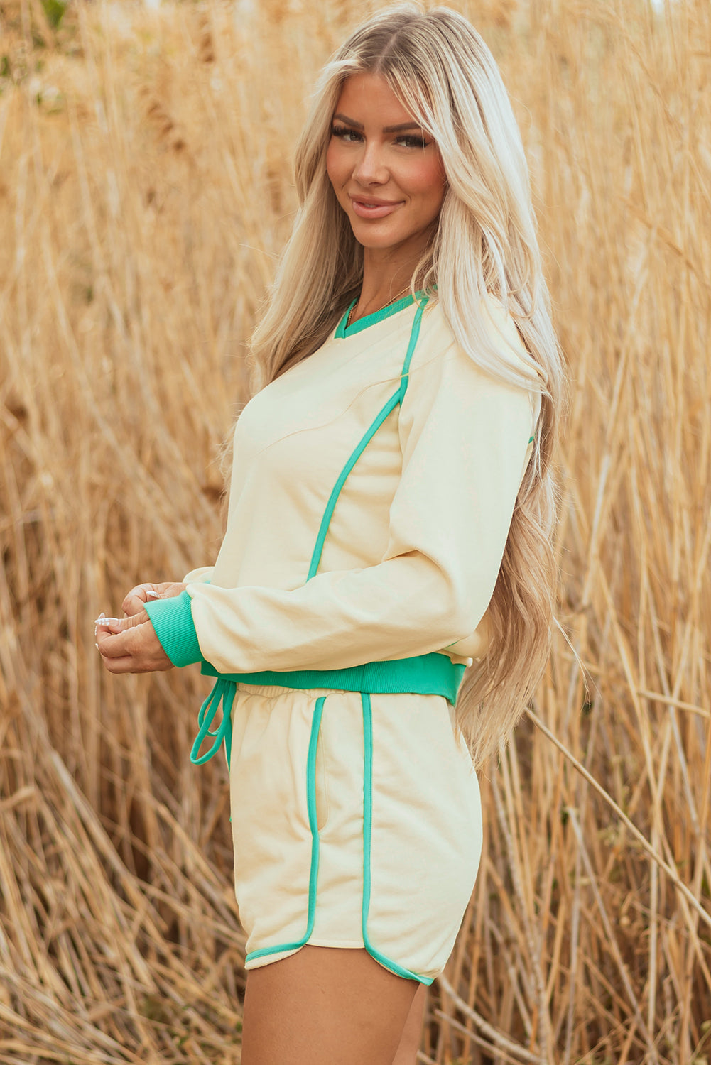 Yellow Long Sleeve Pullover and Drawstring Shorts Lounge Set