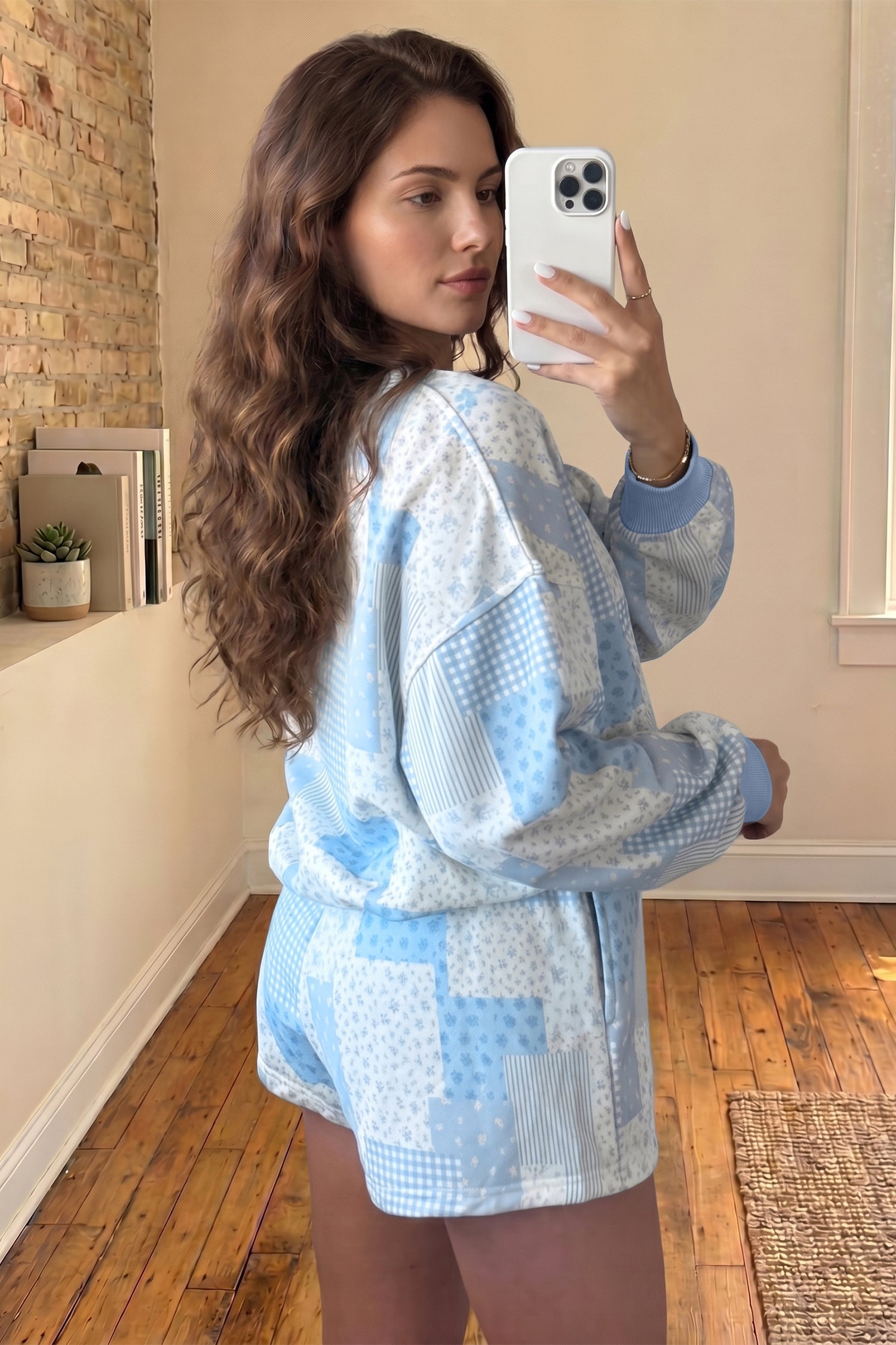 Green Patchwork Floral Print Drop Shoulder Baggy Pullover Drawstring Shorts Set