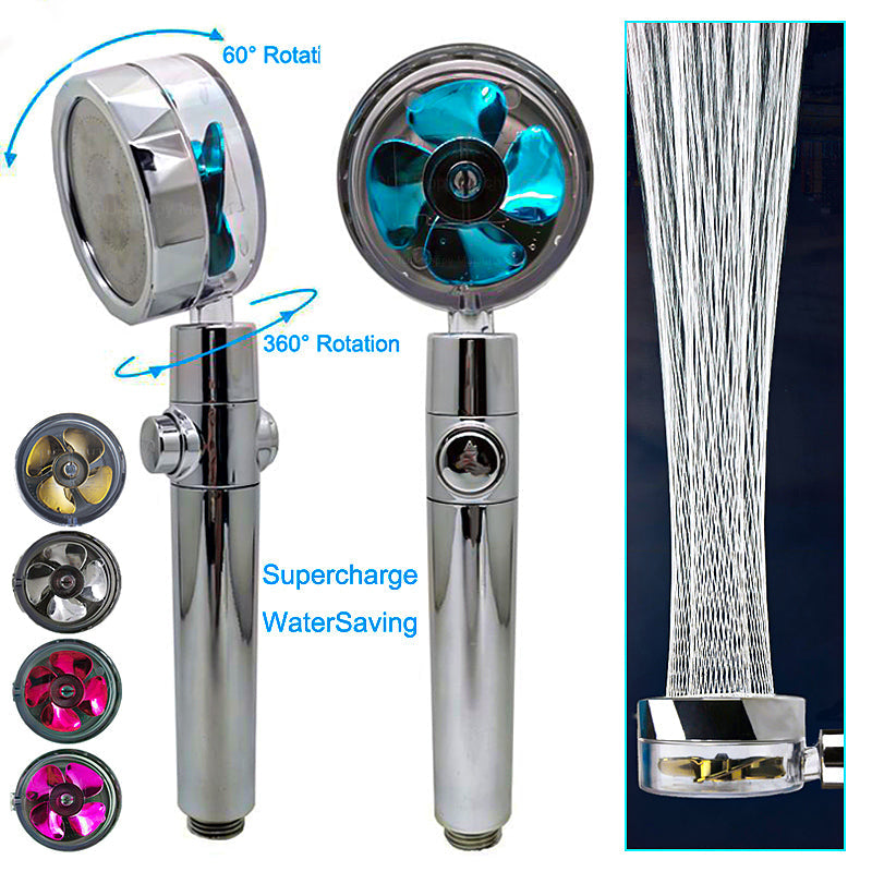 High-pressure turbo shower head with rotating 360-degree head and built-in fan