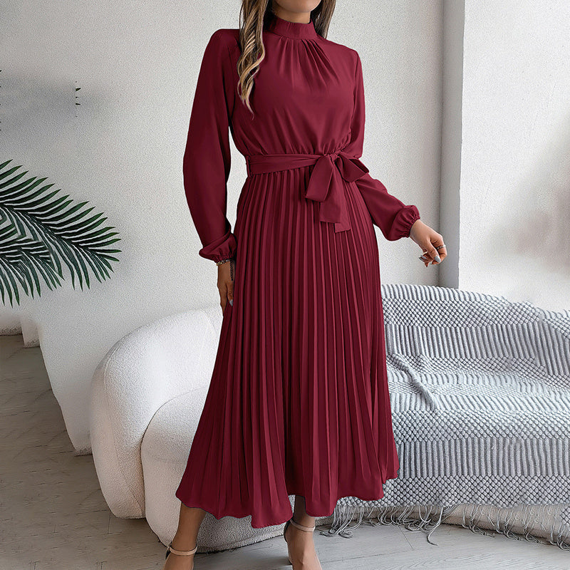 High Neck Pleated Long Sleeve Maxi Dress in Light Blue & Maroon