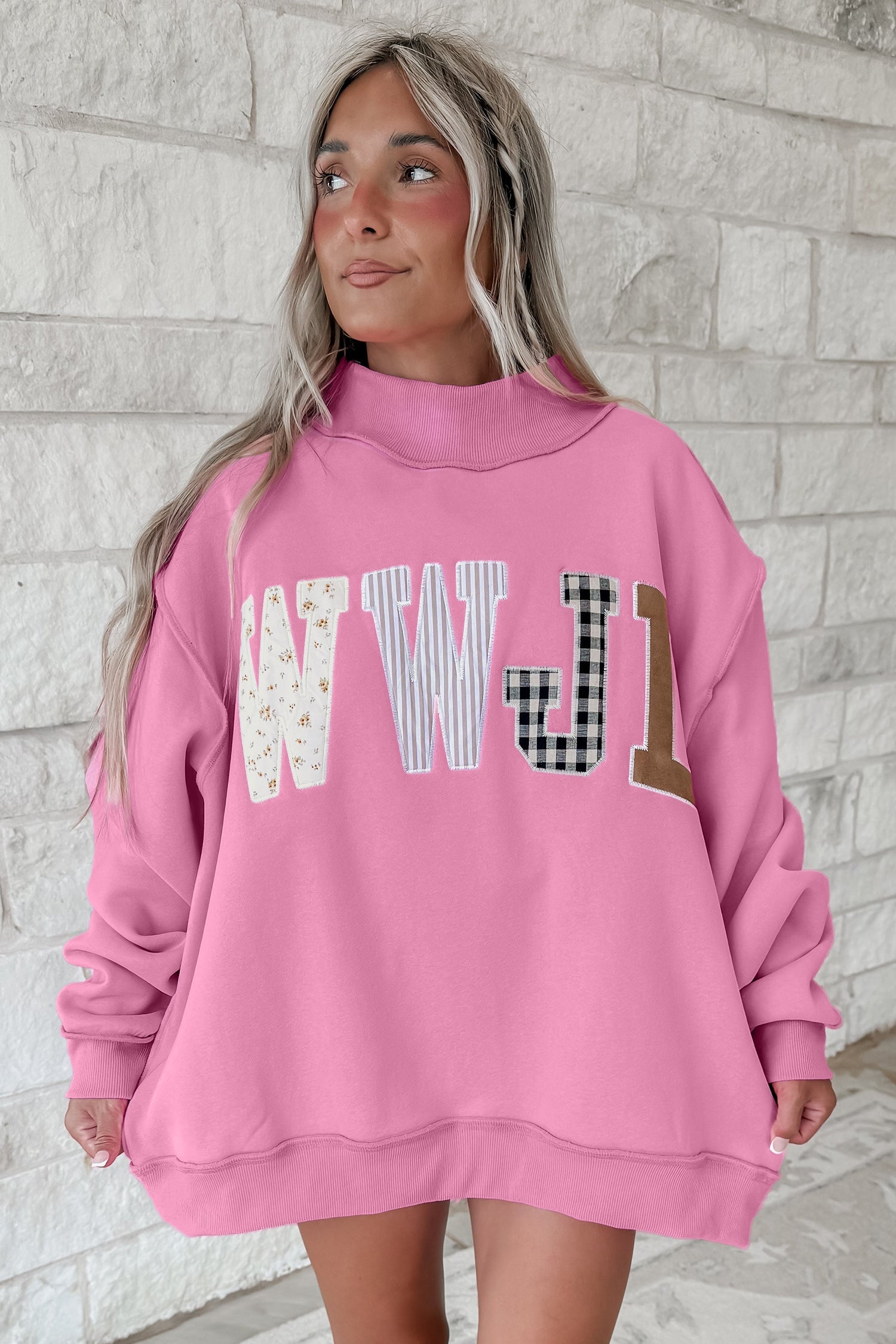 Gray WWJD Mixed Pattern Embroidered Patch Graphic Mock Neck Sweatshirt