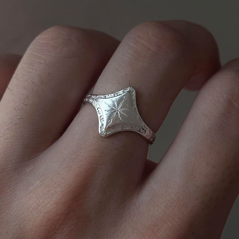 Vintage Cold Style Silver Brushed Star Ring, Retro Fashion All-Match Personalized Heavy Carved Gold Index Finger Ring