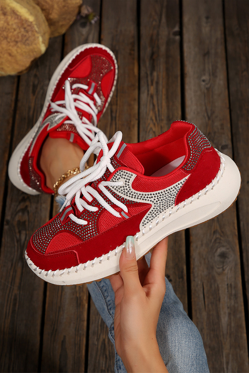 White Rhinestone Platform Sneakers Casual Lace Up Trainers
