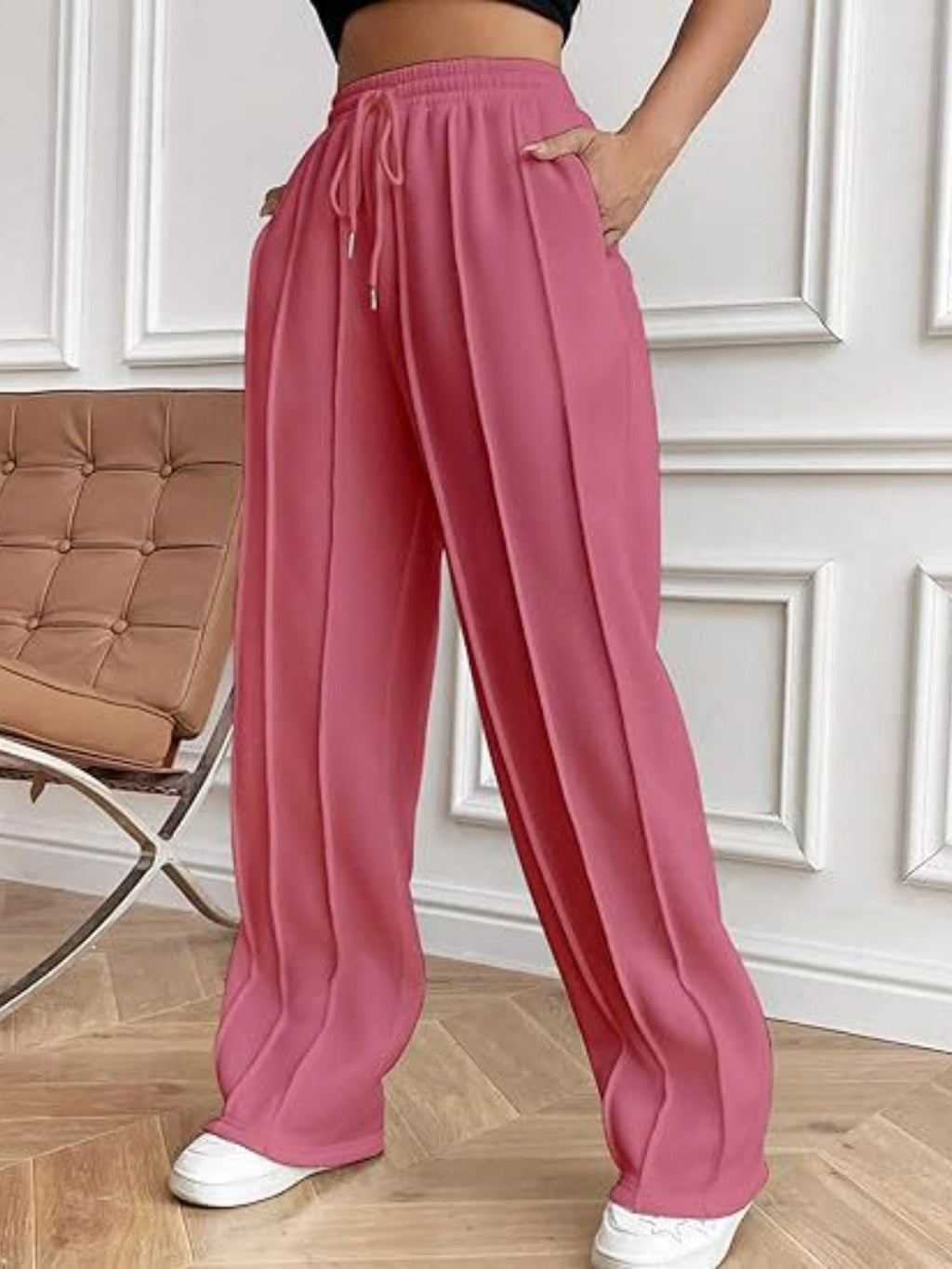 Women's High-Waisted White Drawstring Wide Leg Pants with Pockets - Image 6