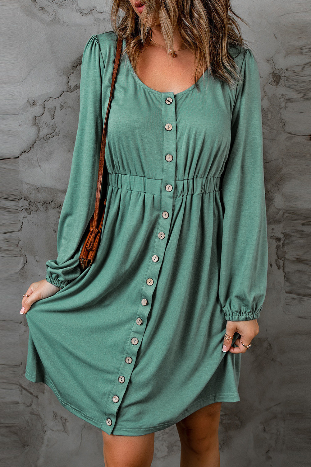 Solid Button-Up Scoop Neck Dress