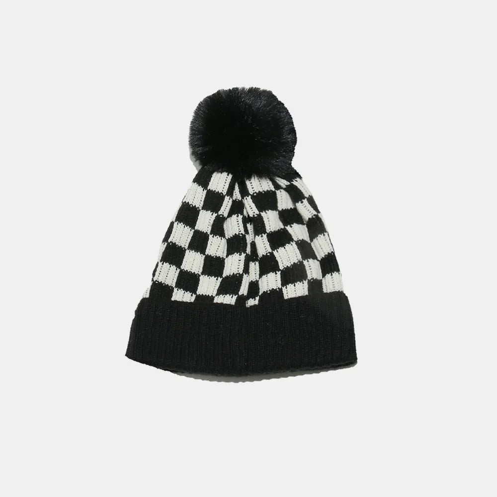 Checkered Knit Beanie with Pompom | Soft Acrylic Winter Hat