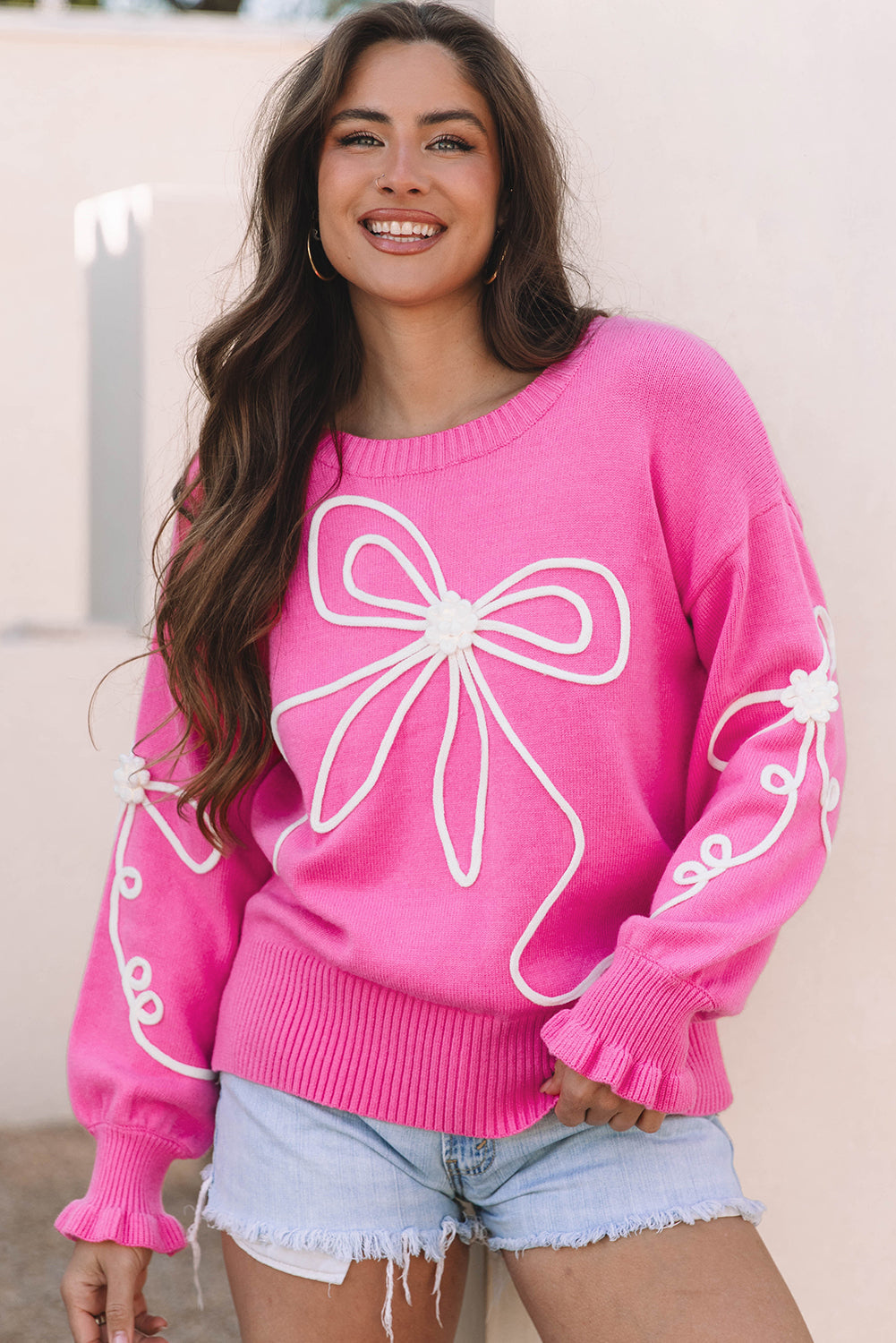Bow Tie Corded Embroidery Ruffle Cuff Sweater