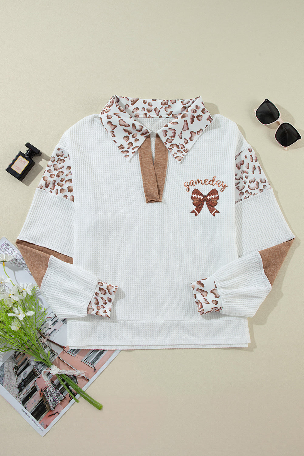 White Rugby Bow Embroidered Leopard Collar Color Block Patchwork Top