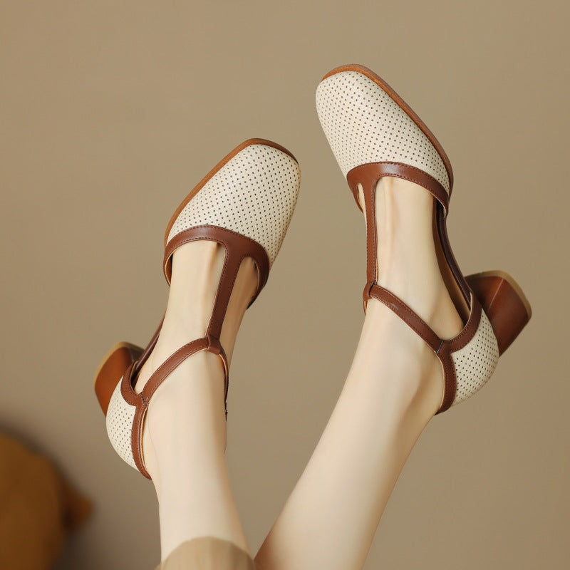 Women's Leather T-Strap Mule Sandals Vintage Inspired