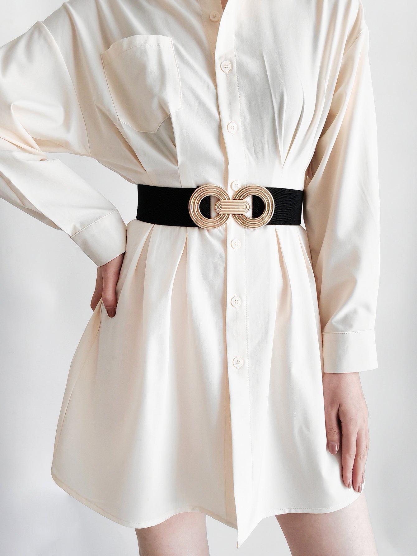 Geometric Buckle Elastic Wide Belt | Brown & Gold