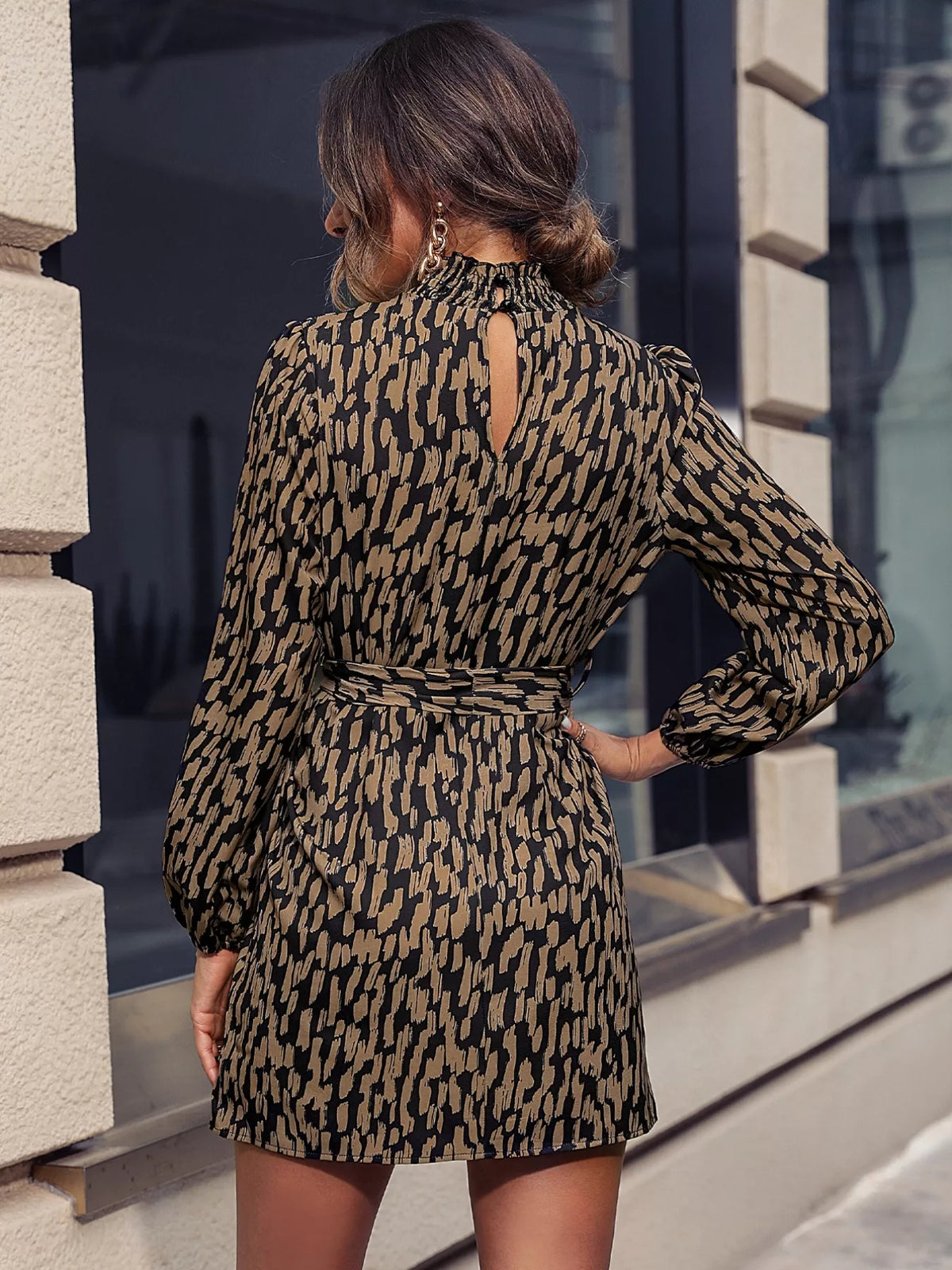 Printed Tie Waist Long Sleeve Dress