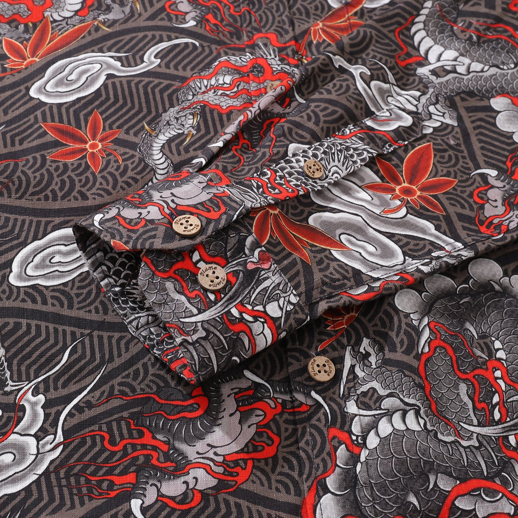 Men's Dragon Flight Print Long Sleeve Cotton Aloha Shirt