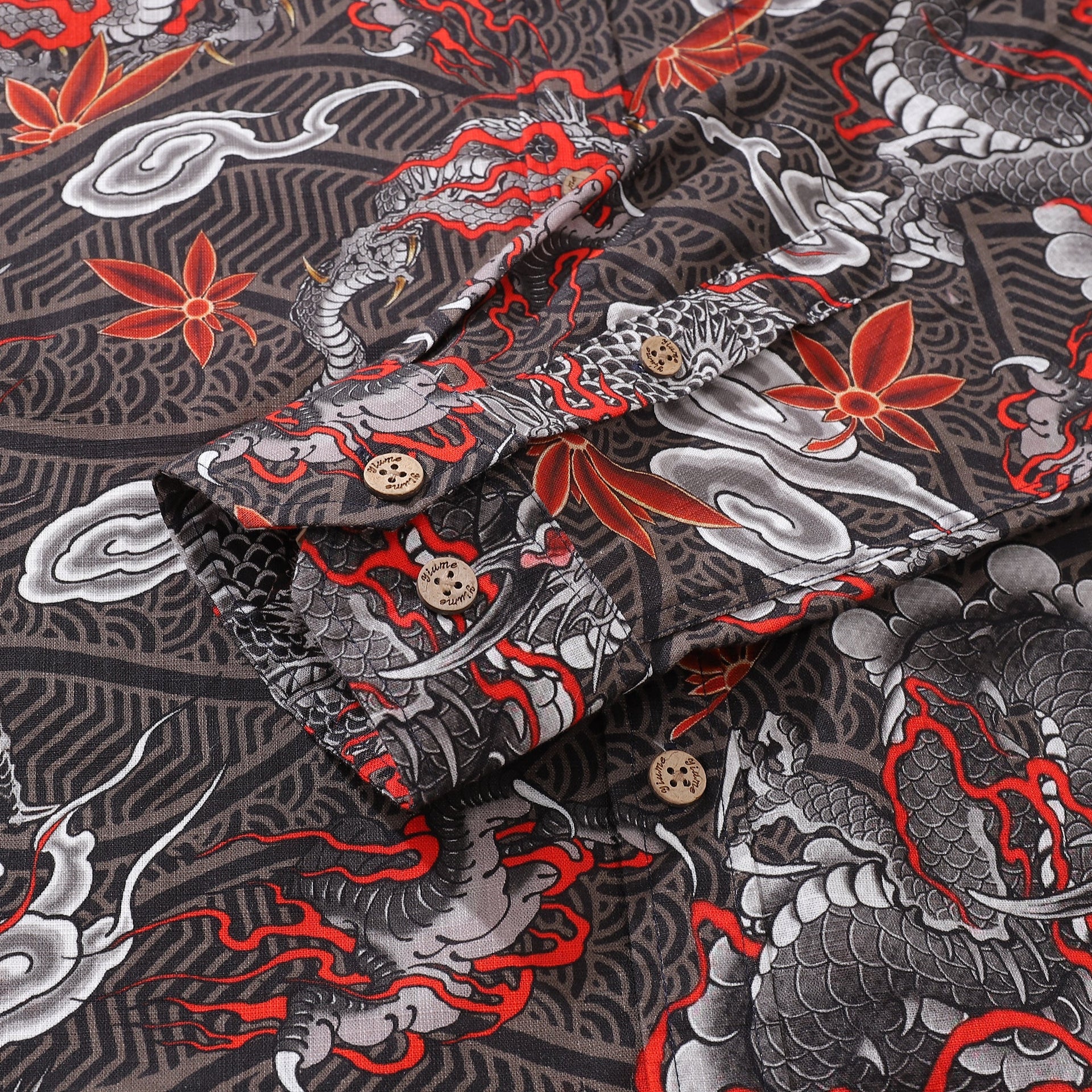 Men's Dragon Flight Print Long Sleeve Cotton Aloha Shirt