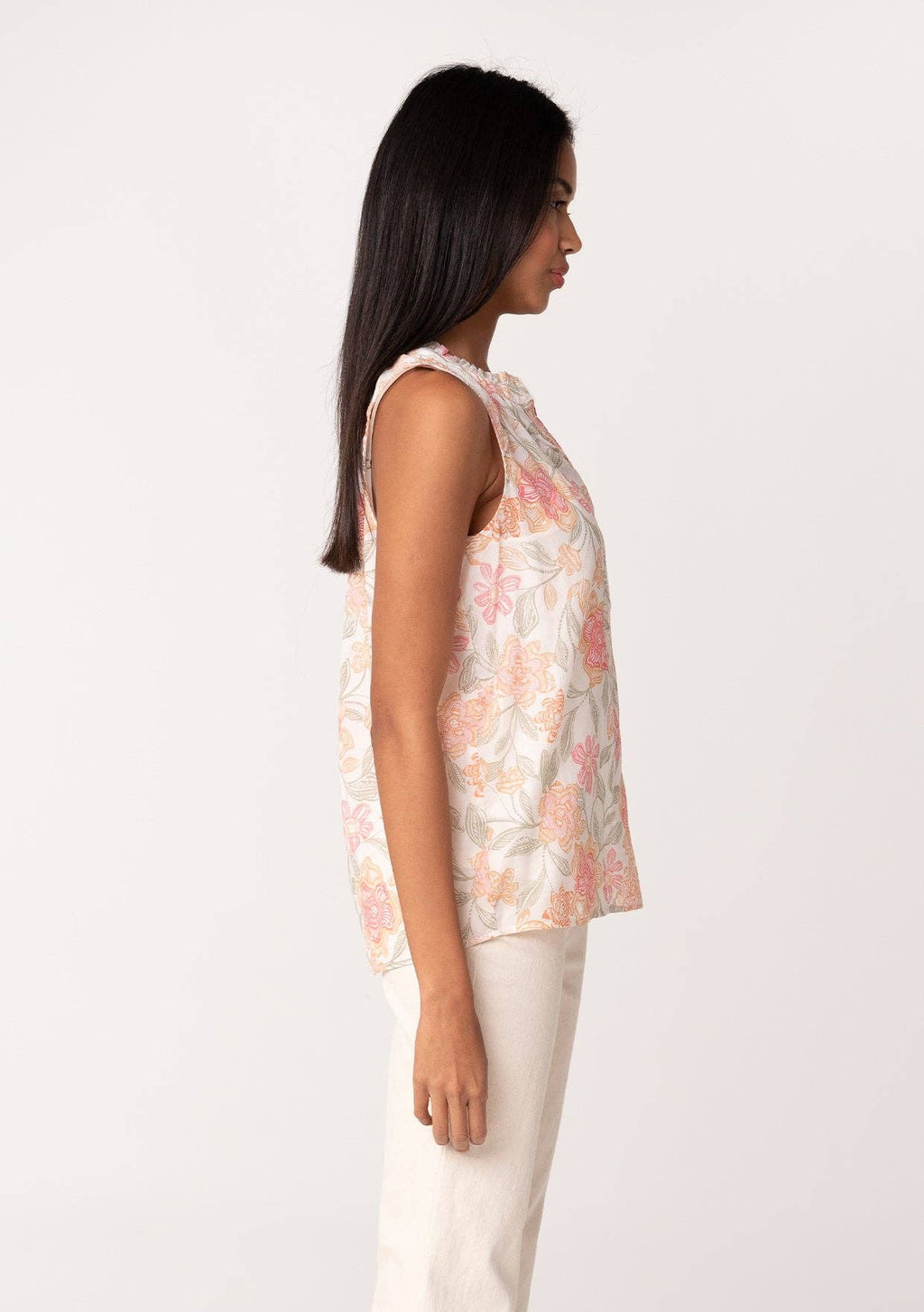 Sheer Floral Button Front Ruffle Neck Tank in Natural and Coral