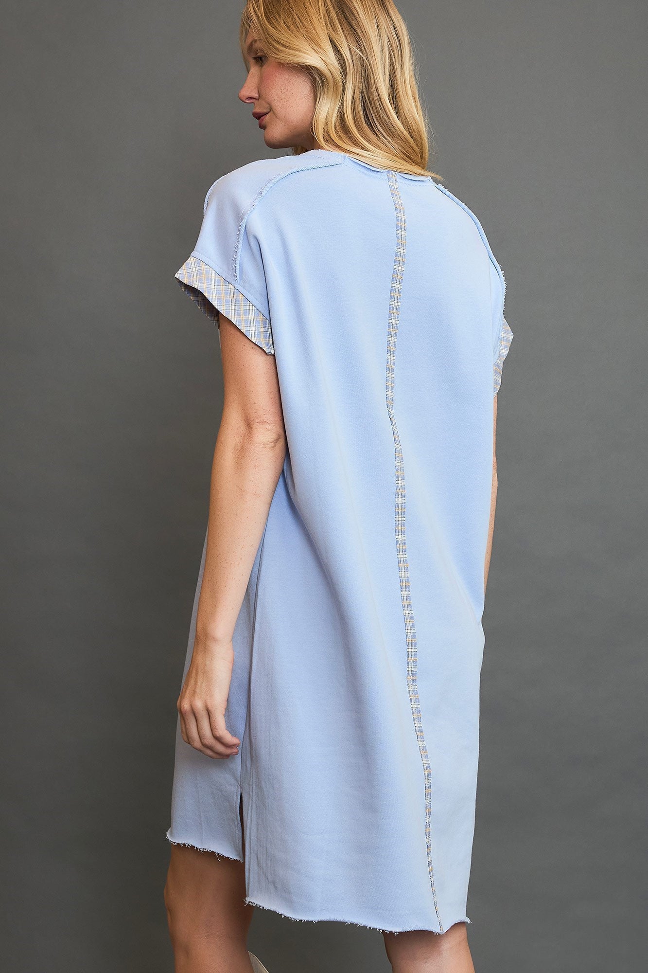 Light Blue Plaid Applique Short Sleeve Mini Dress