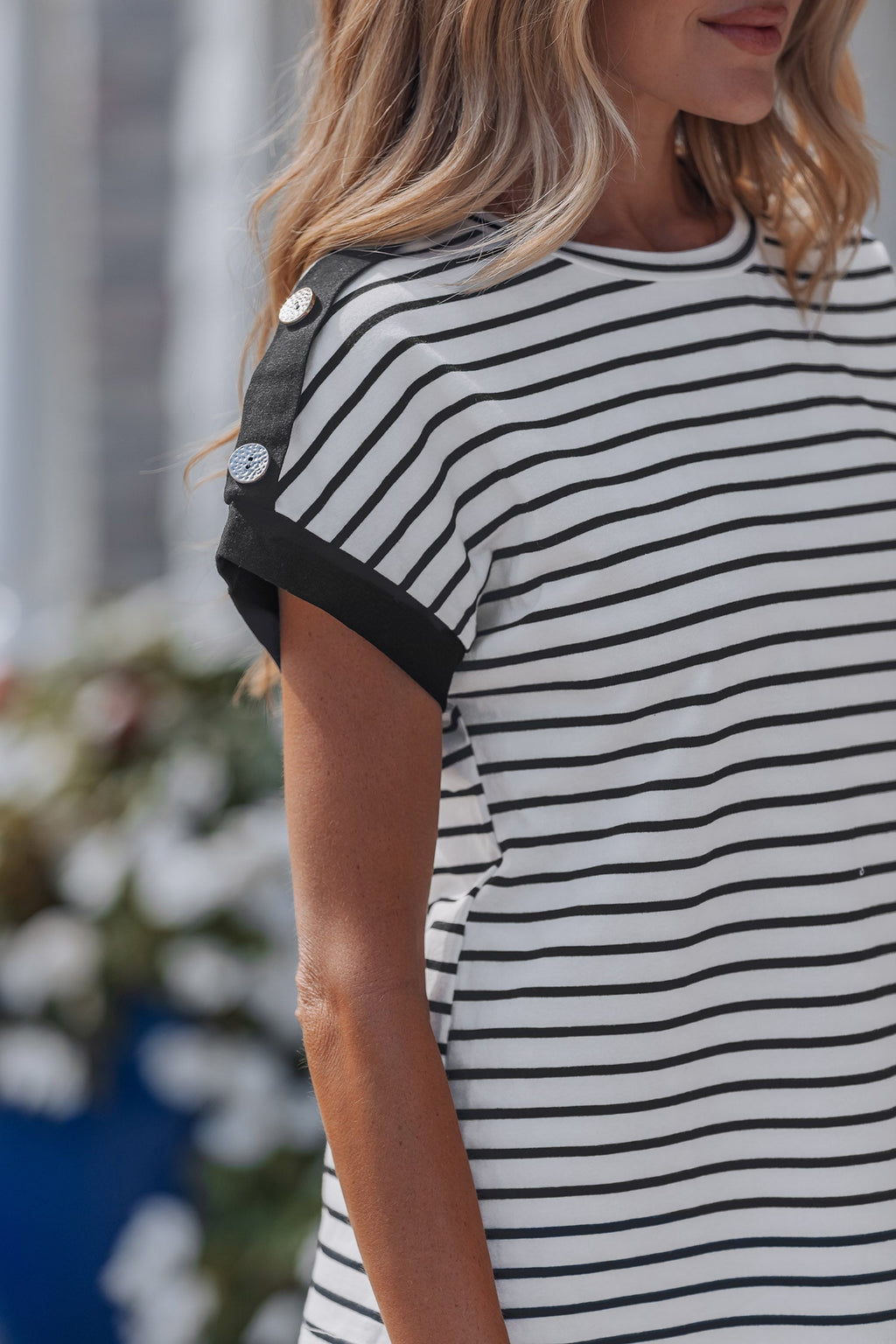 Stripe Buttoned Shoulder Cuffed Short Sleeve Tee