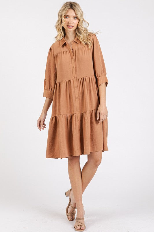 Collared Neck Tiered Shirt Dress with Button Detail