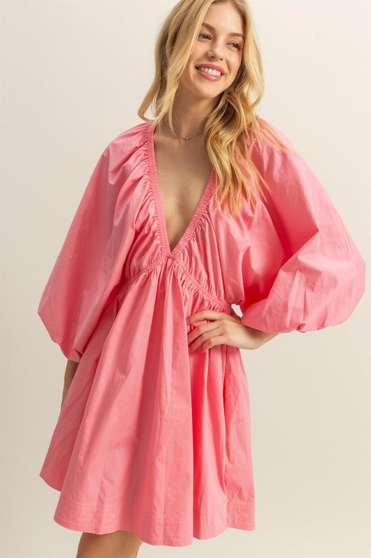 Plunge Balloon Sleeve Cotton Poplin Mini Dress in Pink