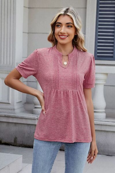 Women's Solid Color Notched Neck Short Sleeve Casual Blouse - Image 2